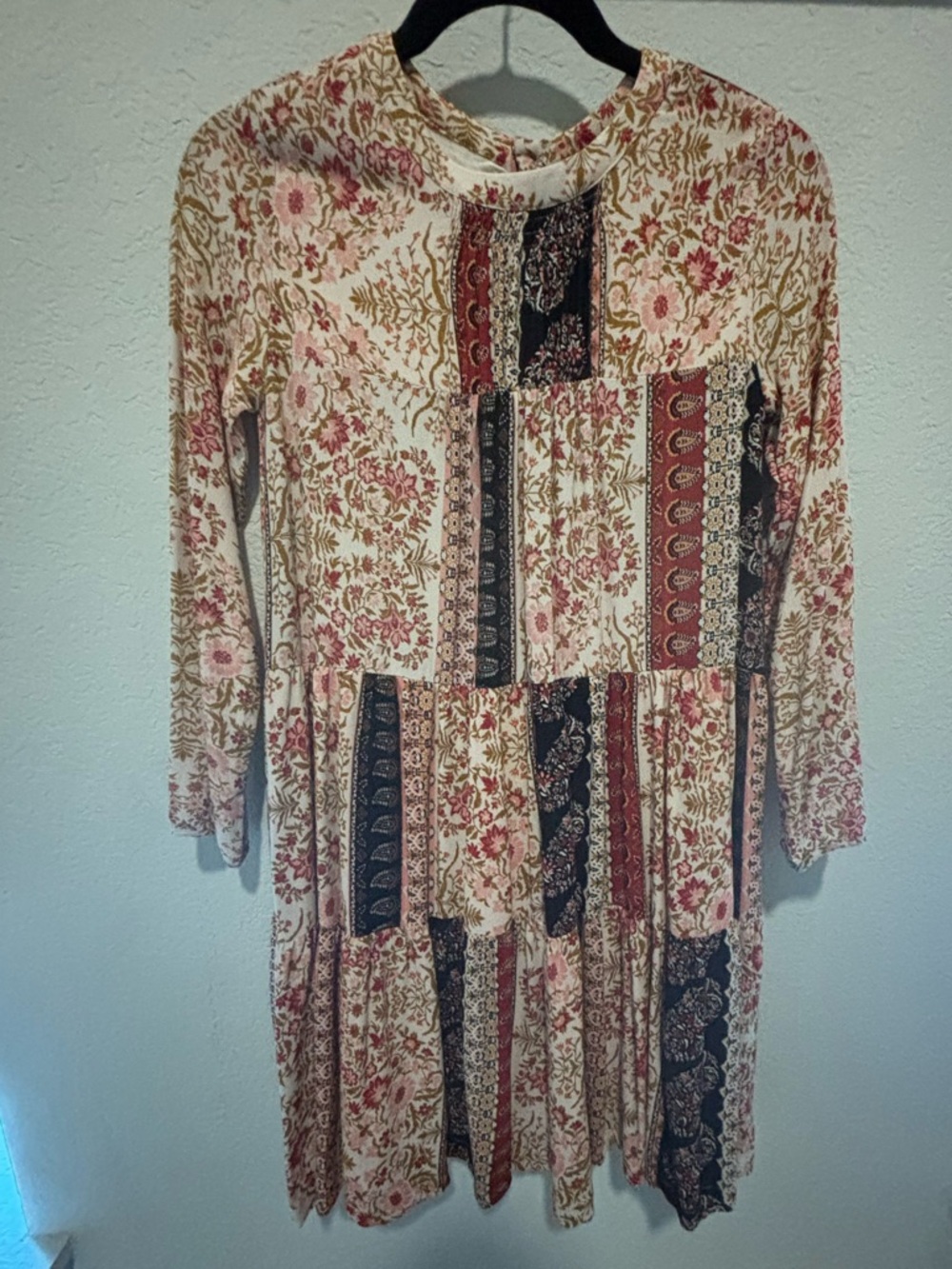 Zara Cream Boho Patchwork Floral Long Sleeve Dress with Red and Black Accents